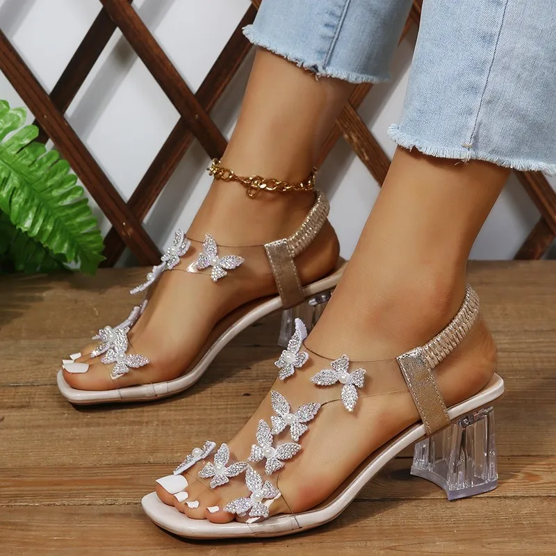 Women Sandals Summer  Pvc Crystal Flower Decoration Chunky Heel Peep Toe Back Strap Elastic Band Elegant Fashion Shoes Ladies