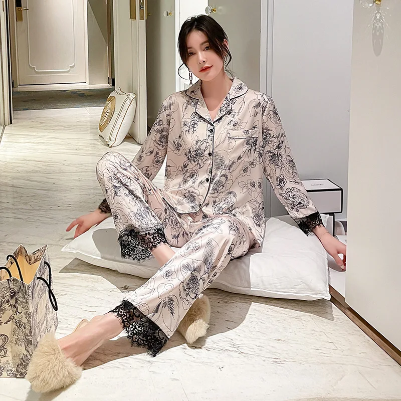New ice silk couple pajamas Men's spring and summer simulation silk thin pajamas ladies sweet leopard print homewear suit
