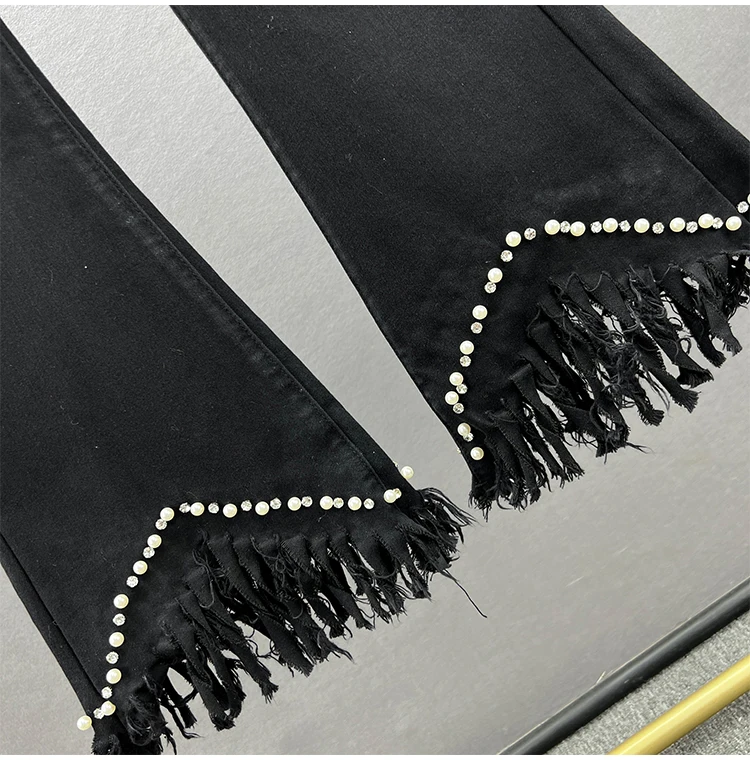 Beaded Denim Bell-Bottom Pants Women's Trendy 2023 New Spring Stretchy High Waist Jeans Slimming Fringed Burr Trousers