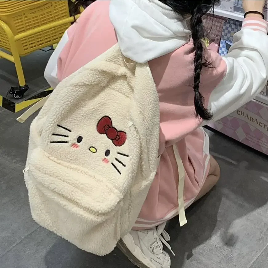 

Sanrio Hello Kitty Cute Lamb Wool Schoolbag Large Capacity Girl Student Backpack cute backpack hello kitty backpack kawaii