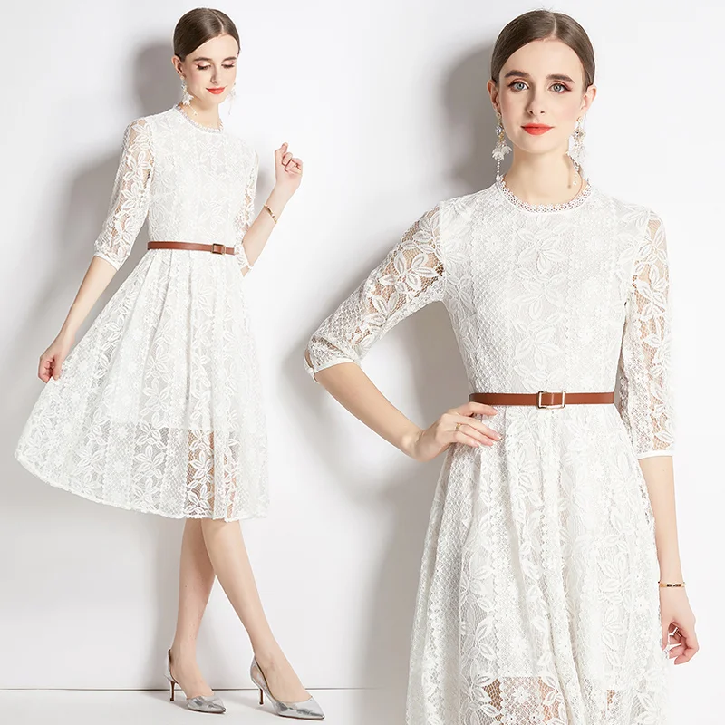 

Women's Spring and Summer New High-end Temperament Round-neck Seven-sleeve Lace Ruffle Fashion Excellent Dress with Belt