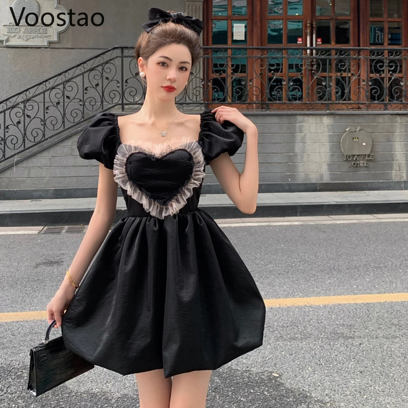 Женское мини-платье с пышными рукавами летнее милое черное вечерние кружевными