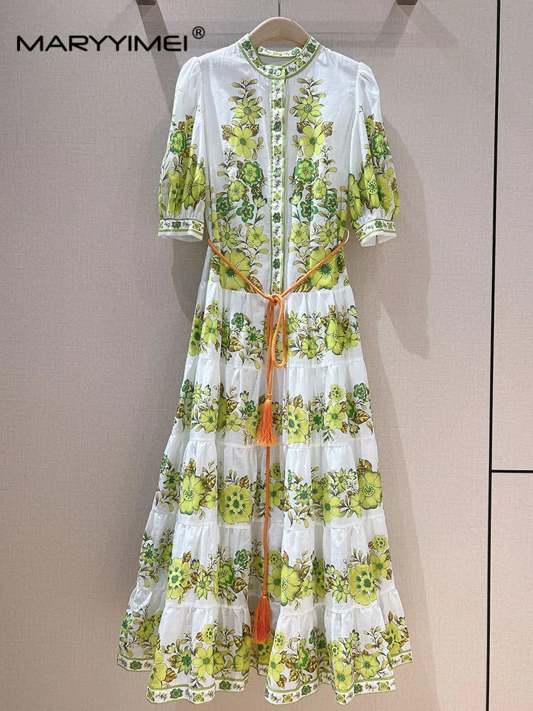 

MARYYIMEI Lantern Sleeve Standing Collar Single Breasted Pure Cotton dress Spring Summer Lace-Up Vintage Print Long Dresses