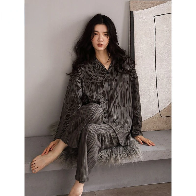 Pajamas 2022 Spring and Autumn Women's Stripe Loose Lapel Comfortable High-level Feeling Can be Worn Out