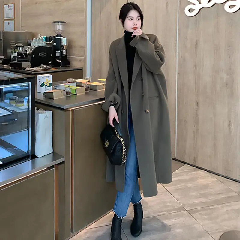 

2022 Women's Autumn Winter New Long Wool Blends Jackets Female Double-faced Woolen Coats Ladies Loose Pockets Outerwear F360