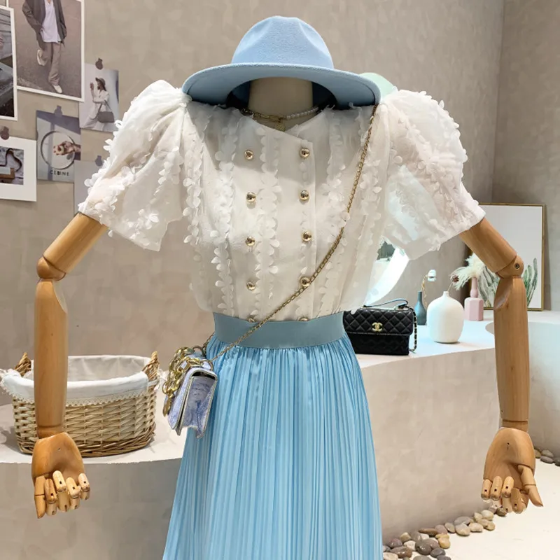 

Niche Design New Women's Clothing 2022 Summer 3D Petal Short Sleeve Shirt Thin Bubble Sleeve Chiffon Top Blusas