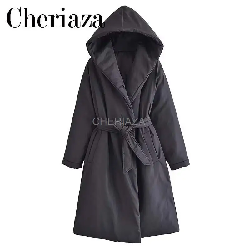 

Осенне-зимнее Новое модное пуховое хлопковое пальто средней длины CHeriaza, черное хлопковое пальто с капюшоном