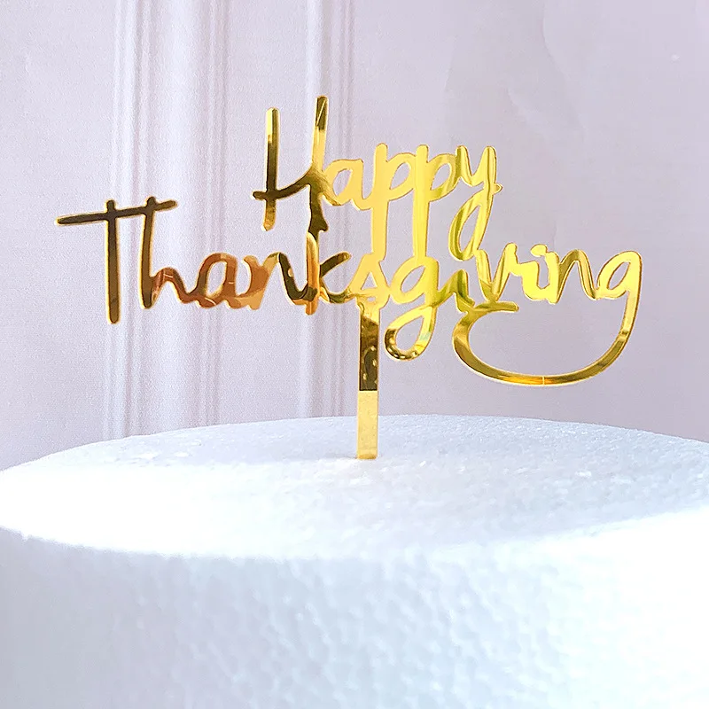 

5pcs Happy Thanksgiving Acrylic Cake Topper Golden Maple Leaf Thank You Baking Cake Topper for Party Cake Decoration