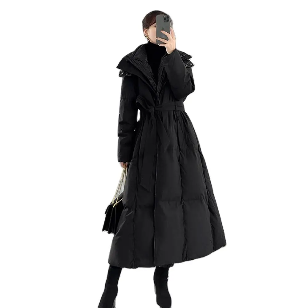 2022 New Lengthened Hoodie Down Coat Women's Over The Knee Black Hooded Long Down Outwear Super Thicken Snowwear Warm Overcoat