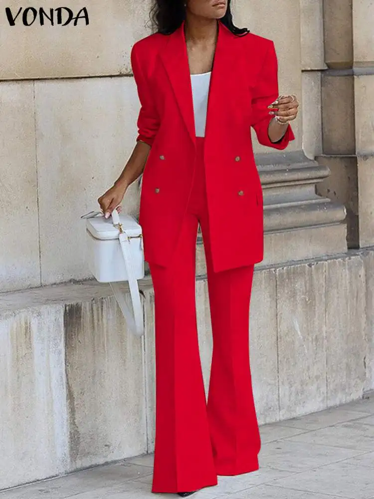 

VONDA Vintage Femme Long Sleeve Pants Suits Oversize Women Casual Blazer Solid Trousers Suit High Waist Zipper Long Palazzo Set