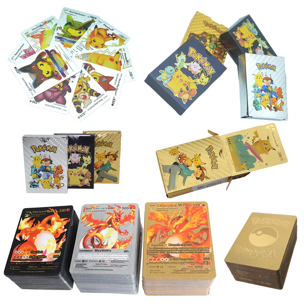 

French Pokemon Cards Metal Gold Spanish Vmax GX Energy Card Charizard Pikachu Rare Collection Battle Trainer Card Child Toy Gift