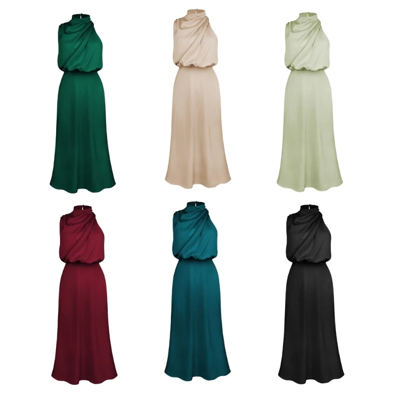 

Women Sleeveless Mock Neck Satin Ruched Solid Color Flared Hem Long Dress