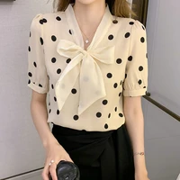 fashion v neck printed polka dot oversized bow puff sleeve chiffon shirt loose casual tops commute womens clothing sweet blouse