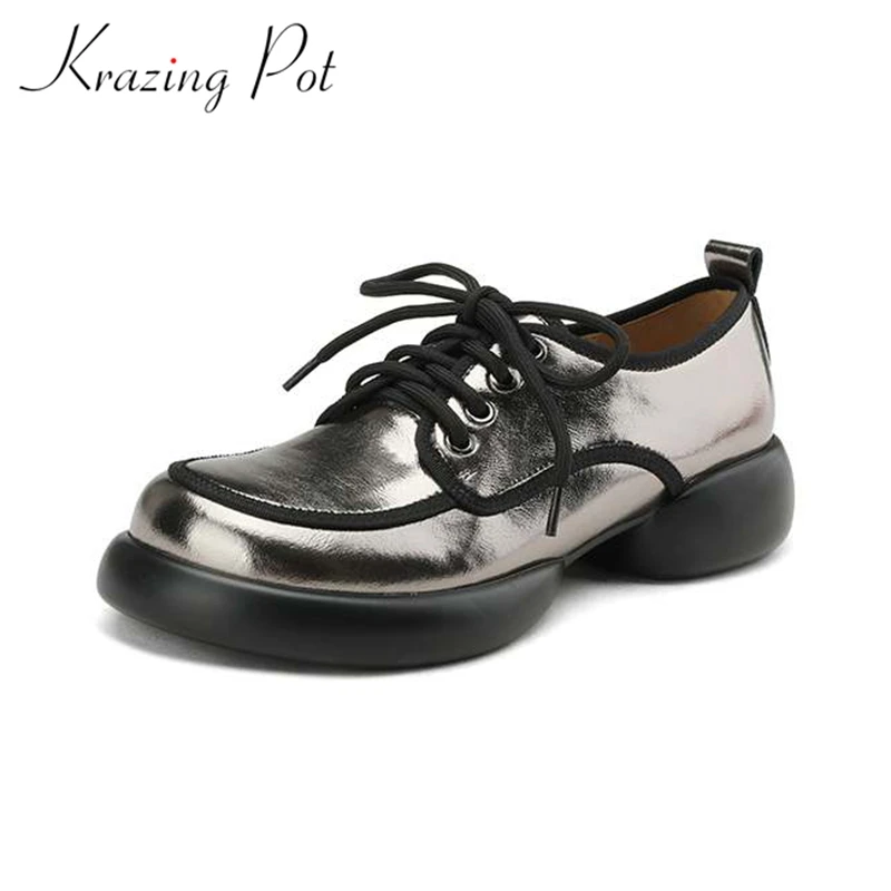 

Krazing Pot Genuine Leather Fashion Waterproof Autumn Round Toe Casual Solid Color Thick High Heels Lace Up Brand Women Pumps