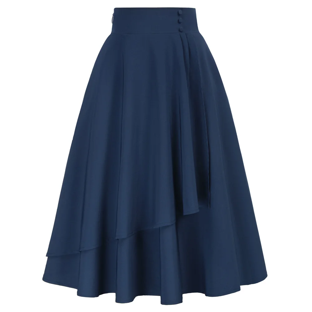

BP Women 58S Vintage Overlay Decorated Swing Skirt Elastic High Waist Flared A-Line Skirts Solid Knee Length Midi Skirt A30