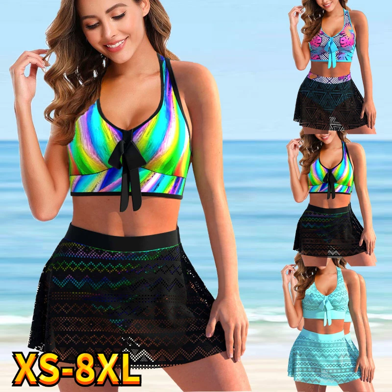 

New 2022 Women Sexy Three Piece Bikini Swimdress Set Female Oversize Rainbow Print Swimsuit Summer Beachwear Bath Suit XS-8XL