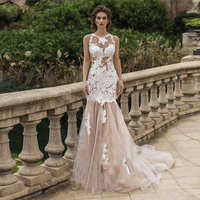 luxury sleeveless mermaid wedding dress lace appliques cut out sexy bridal gown floral print tulle vestido de novia 2022