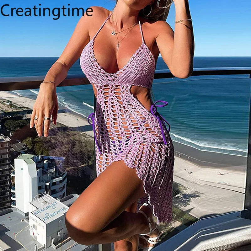 

Creatingtime 2022 Summer New Fashion Trend Women Sexy Hollow Out Hole Backless perspective Halter Neck High Waist Dress GA715