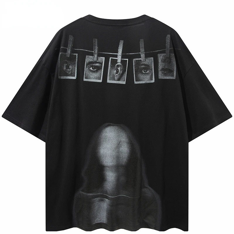 

Men High Street Eye Mouth Ear Printing T Shirt Cotton Oversized Harajuku Hip Hop T-Shirts Summer Short Sleeve Tops Tees Black