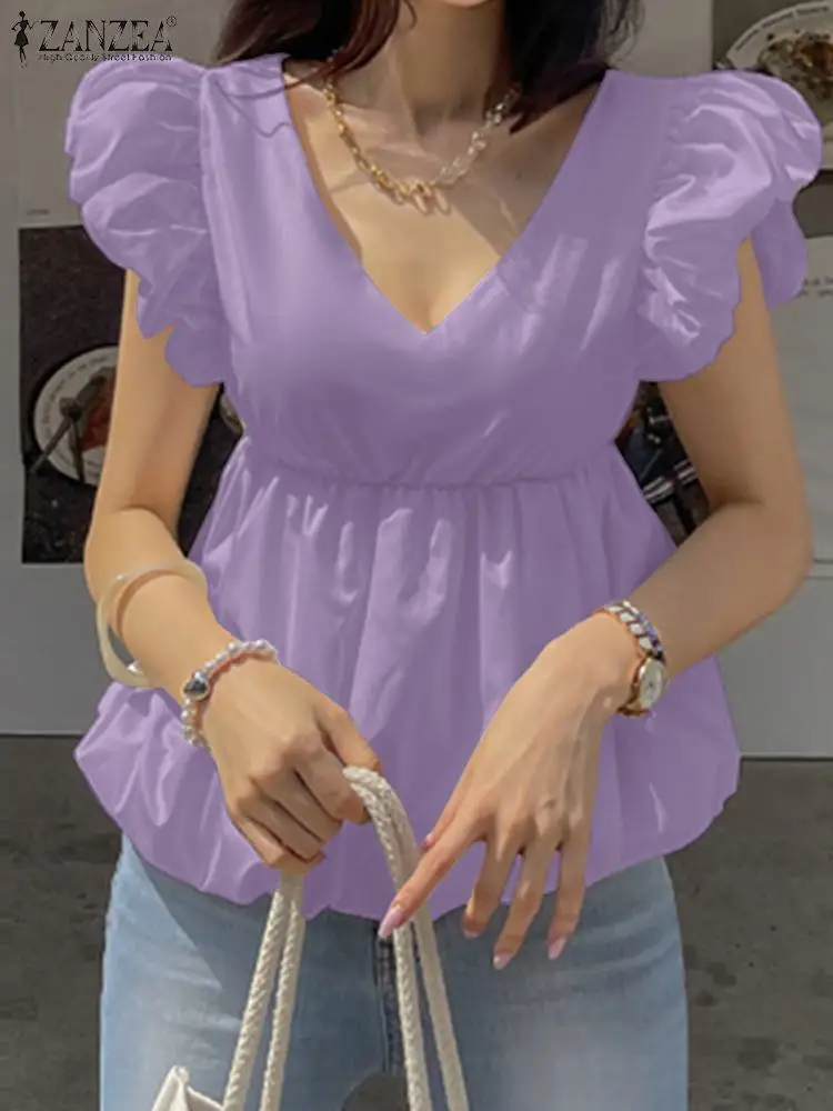 

ZANZEA Elegant Puff Sleeve A-line Tunics Korean Fashion Sexy Peplum Tops Waisted Women Shirts Summer V-neck Backless Blouses
