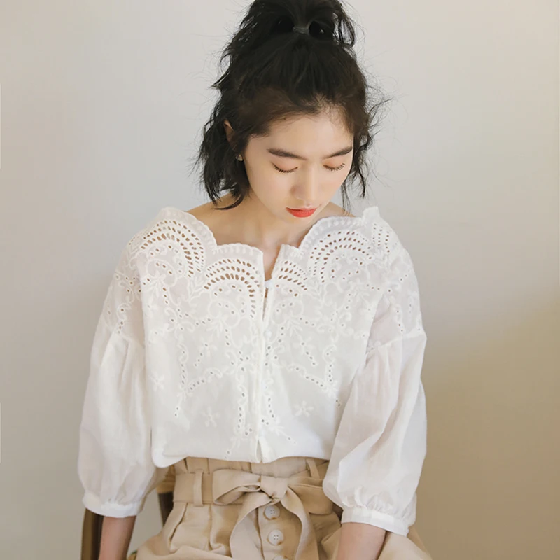 White Sweet Puff Sleeves Shirt Elegant Hollow Out One Shoulder Casual Blouse Fashion Korean Embroidered Loose Women Button Shirt