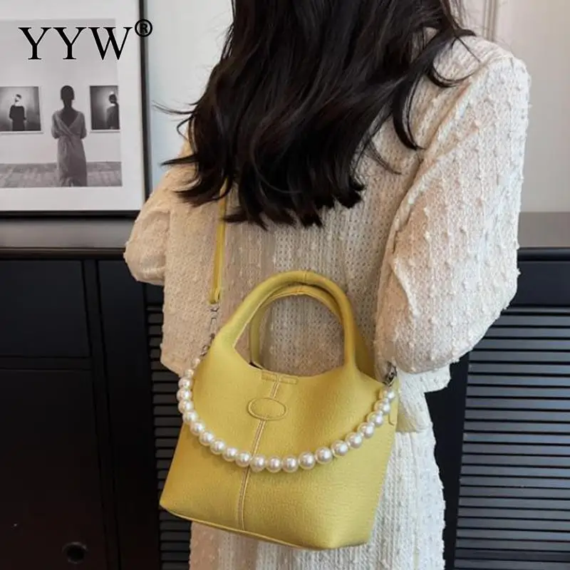 Crossbody Women Handbag Lychee Pattern PU Leather Designer Large Capacity Tote Bag with Pearl Chain Portable Handheld Package