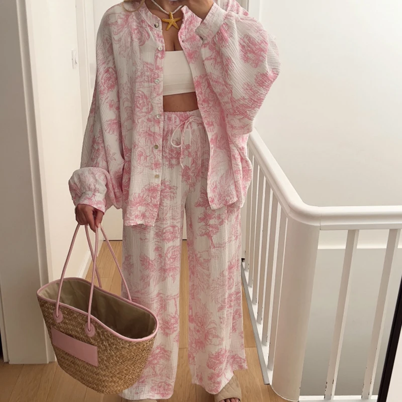 Женский элегантный костюм-двойка рубашка с принтом в стиле ретро и эластичные