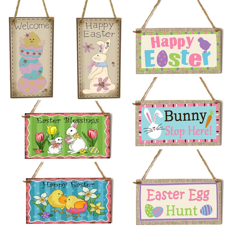 

Happy Easter Bunny Wooden Pendant Easter Decorations for Home Bunny Egg Chick Door Sign Ornament Rabbit Easter Party Decoration