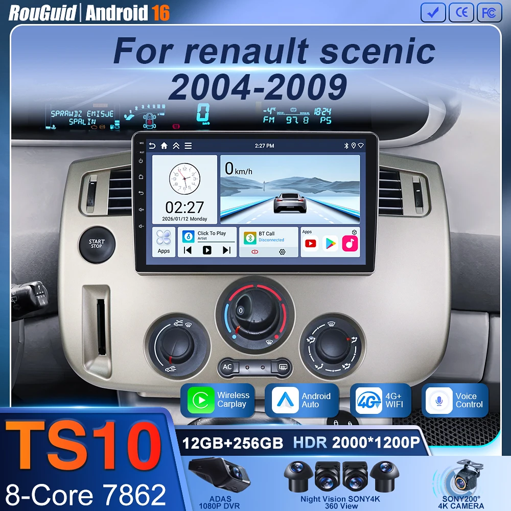 Фото Автомагнитола с Carplay и Android Auto для Renault Scenic II (2004-2009), мультимедийный плеер 7862, 8-ядерный процессор, 2DIN, RDS №1