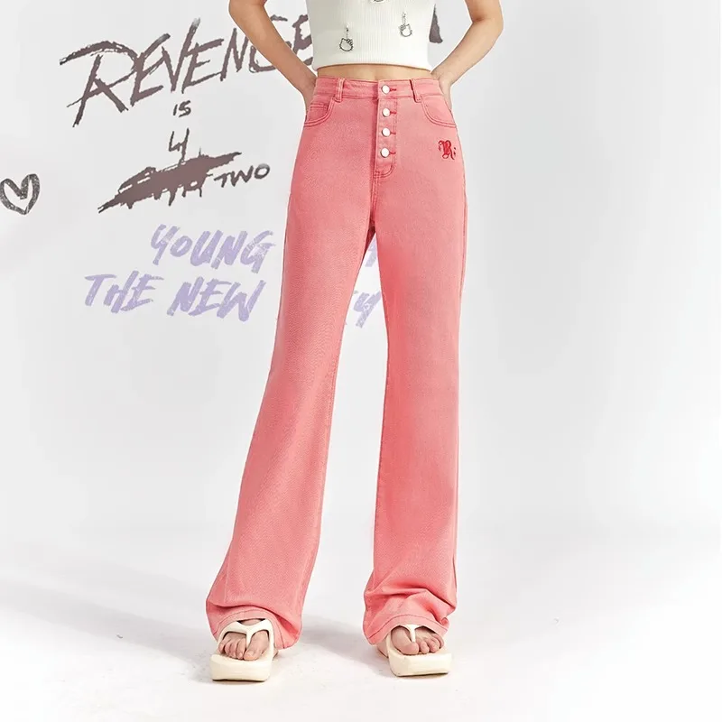 UNIFREE Hotsweet Pink Women's Jeans Letter Embroidery Streetwear Slim Flare Pants Fashion Sexy Washing Jeans Pants