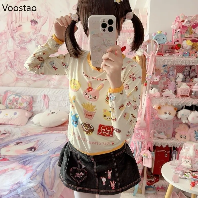 Женская футболка с длинным рукавом принтом кролика и медведя