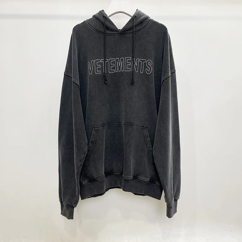 

23FW Vetements Hoodies Men Women 1:1 Embroidered Logo Vintage Casual Loose High Street Washed Black VTM Hooded Sweatshirts Tags