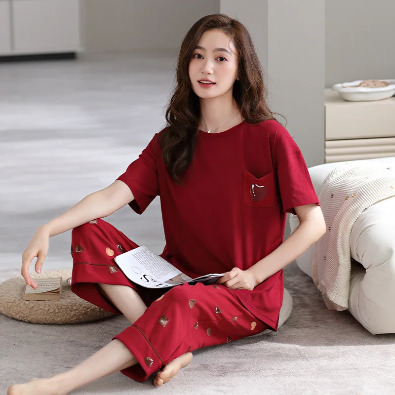 

Одежда для сна, женские летние капри из чистого хлопка с коротким рукавом можно носить для домашней одежды. Летняя тонкая полностью из хлопка