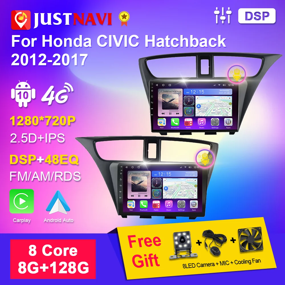 

JUSTNAVI Autoradio Android 10 For Honda CIVIC Hatchback 2012-2017 2din Car Radio Multimedia Player Carplay Navigation GPS Audio