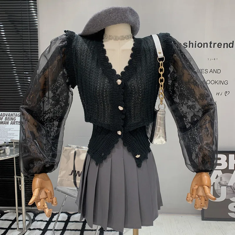 

New in Women's Clothing 2023 Spring Mesh lace patchwork chiffon knit blouse feminine V-neck long-sleeved Sweater cardigan top