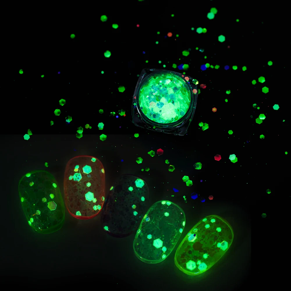 

Mixed Phosphor Hexagon Nail Chunky Glitter Sequins Glow in the Dark Luminous Powder Fluorescent Pigments Manicure Decoration
