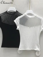 2022 summer new solid color half turtleneck short sleeved t shirt womens mesh slim fit patchwork all matching tees for ladies