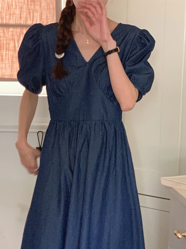 

Новинка, винтажное весенне-летнее однотонное тонкое Короткое женское платье FMFSSOM, трапециевидный пуловер с V-образным вырезом, женские платья до середины икры с высокой талией