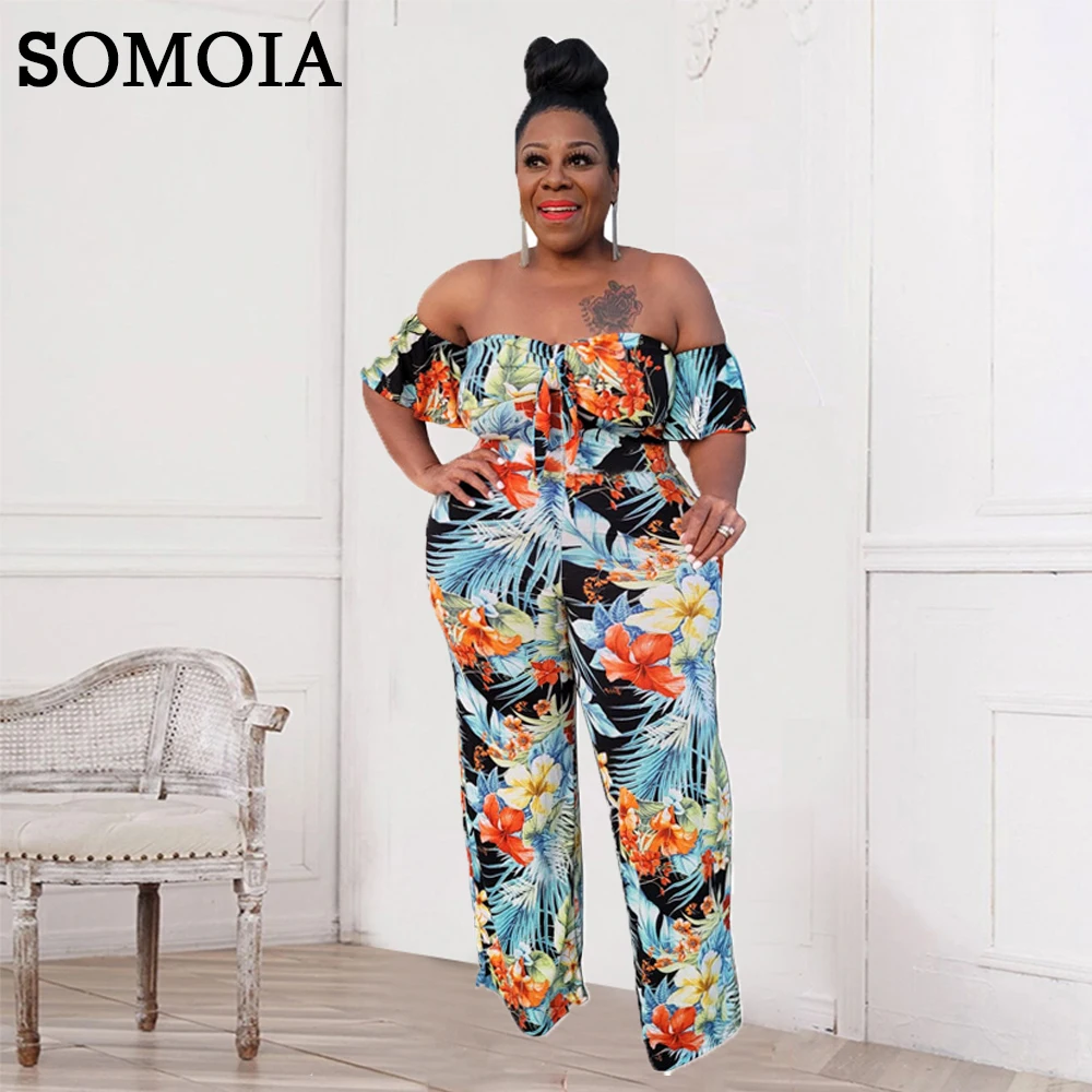 

Jump Suits for Women Plus Size Fashion Clothes Slash Neck Print Jumpsuit Straight Trouser Casual Off Shoulder Lace Up Rompers