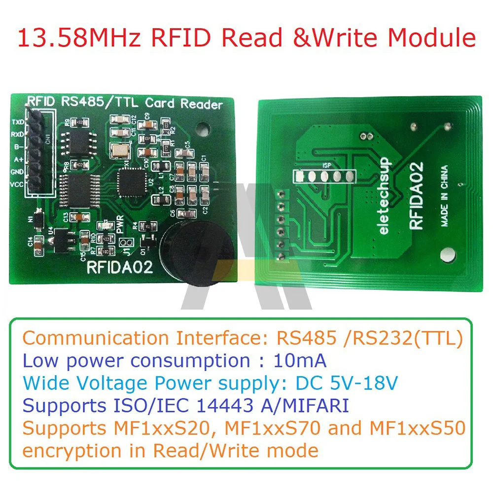 

RFID A02 13.56MHz RFID UID IC Card Reader Module DC5V-18V RS232 (TTL) UART RS485 UART Supports ISO/IEC 14443 A for M1 S50 S70