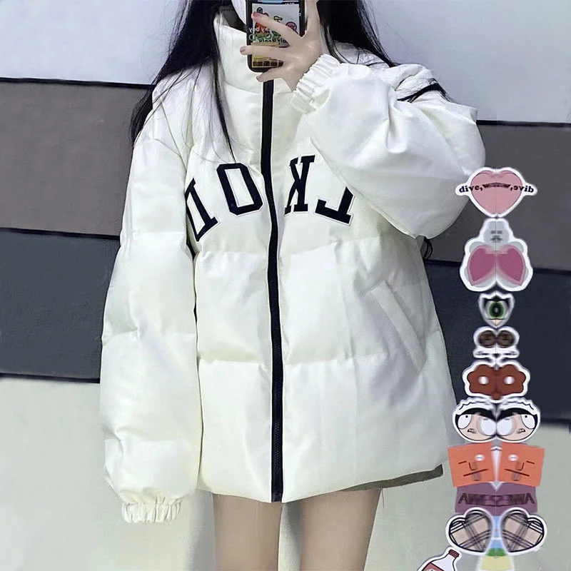 

Korean Design Street Letter Patch Pu Leather Waterproof Jacket Women Winter Cotton Bread Coat New Warm Sweet Stand Collar Parka