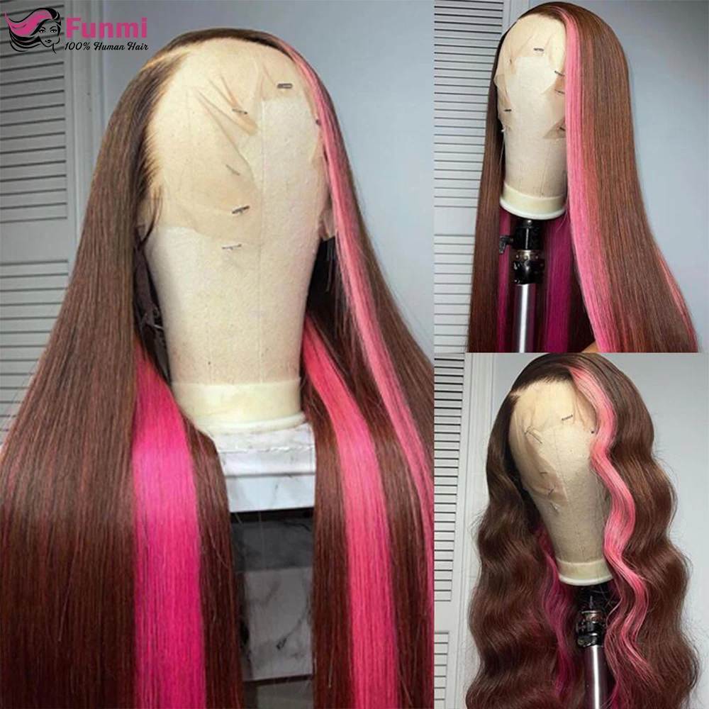 

30 Inches Hightlight Pink Human Hair Wigs Brown Pink Straight Lace Front Wig For Women Colored HD 13X4 Lace Frontal Wig