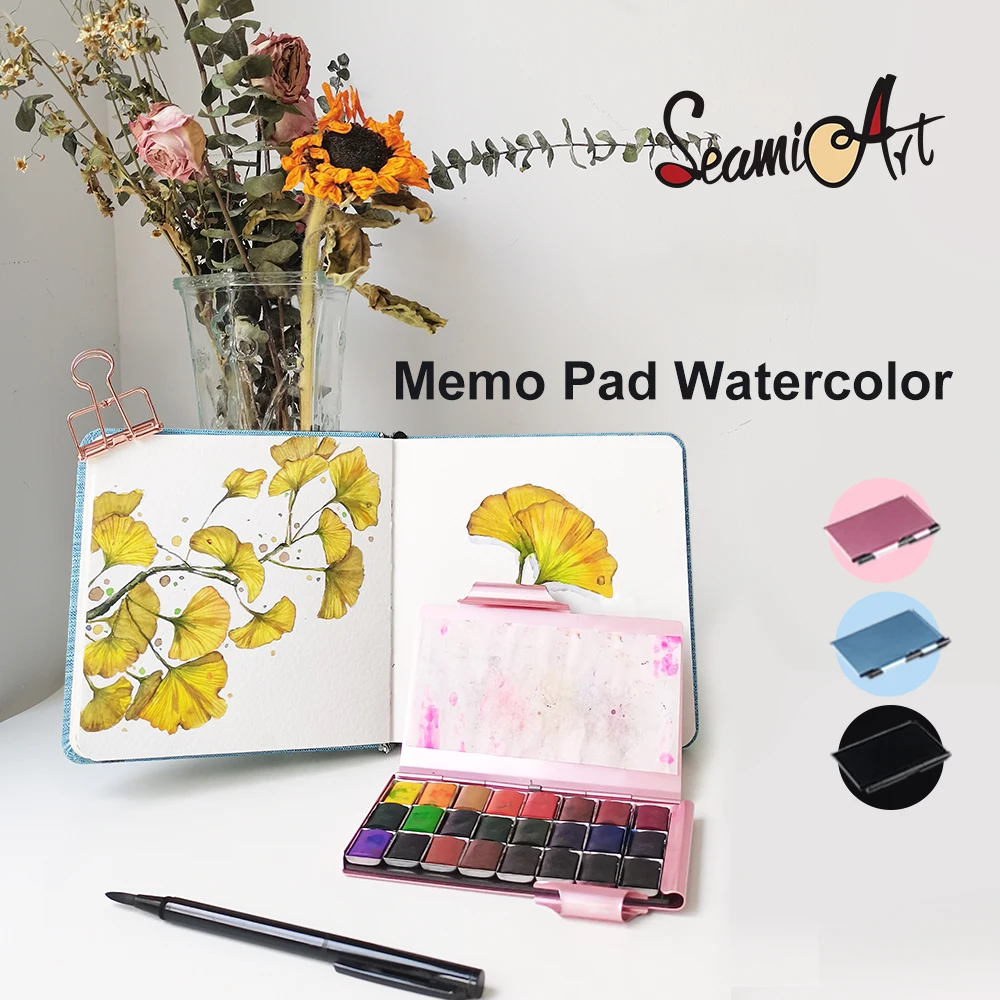 SeamiArt 24 Colors Profesionales Memo Pad Solid Watercolor Set Acuarelas with 1pc Metal Paint Brush Pen Palette Art Supplies