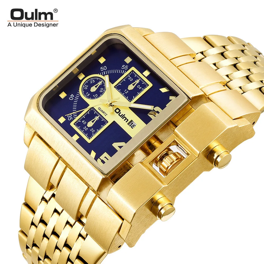 

Oulm Gold Dial Men's Watch Steel Band Calendar Square Shi Ying Men's Watch European and American Leisure Style