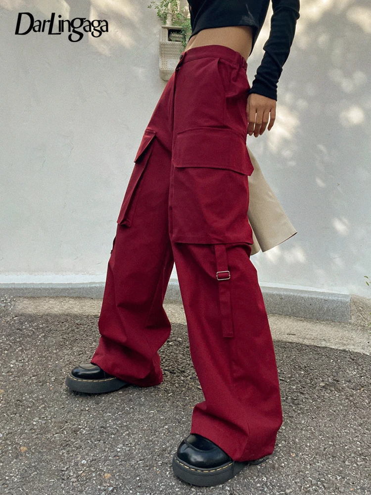 

Darlingaga Harajuku Red Straight Cargo Pants Women Casual Basic Joggers Pockets Buckle Streetwear Baggy Trousers Hip Hop Outfits