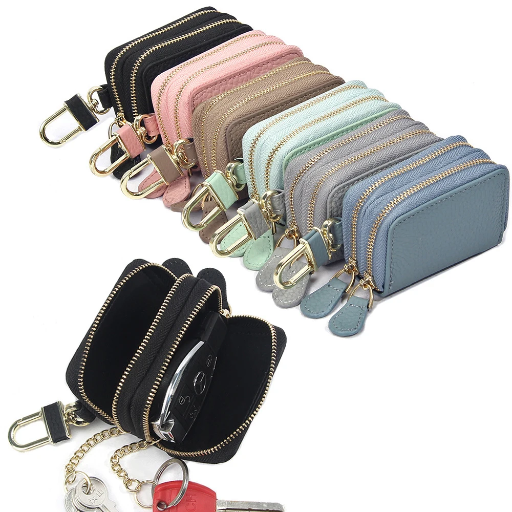 New Genuine Leather Key Wallets Men Simple Car Key Keeper Pouch Housekeeper Holder Ladies Cowhide Leather Double Zipper Key Case