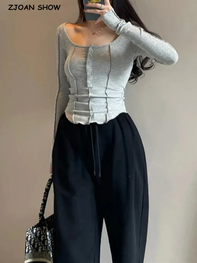 

Женский топ с длинным рукавом Y2K, облегающая футболка с длинным рукавом и открытыми швами, базовая футболка с пуговицами