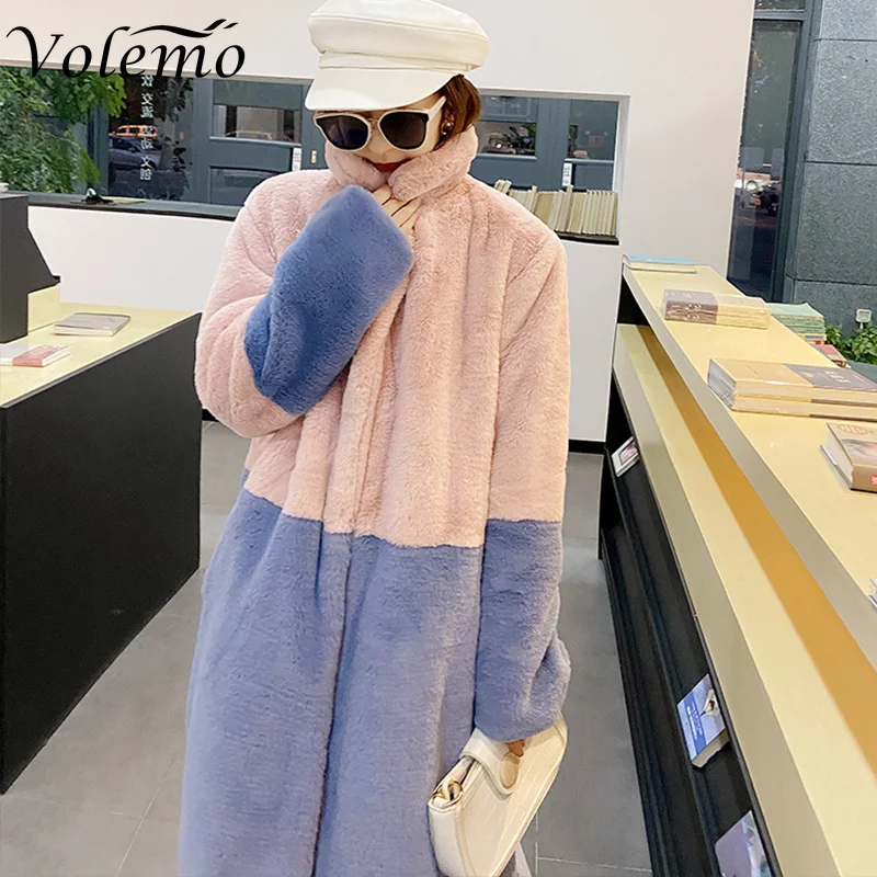 Volemo 2023 Winter Women High Quality Faux Rabbit Luxury Long Fur Coat Lapel OverCoat Thick Warm Female Plush Jacket Plus Size