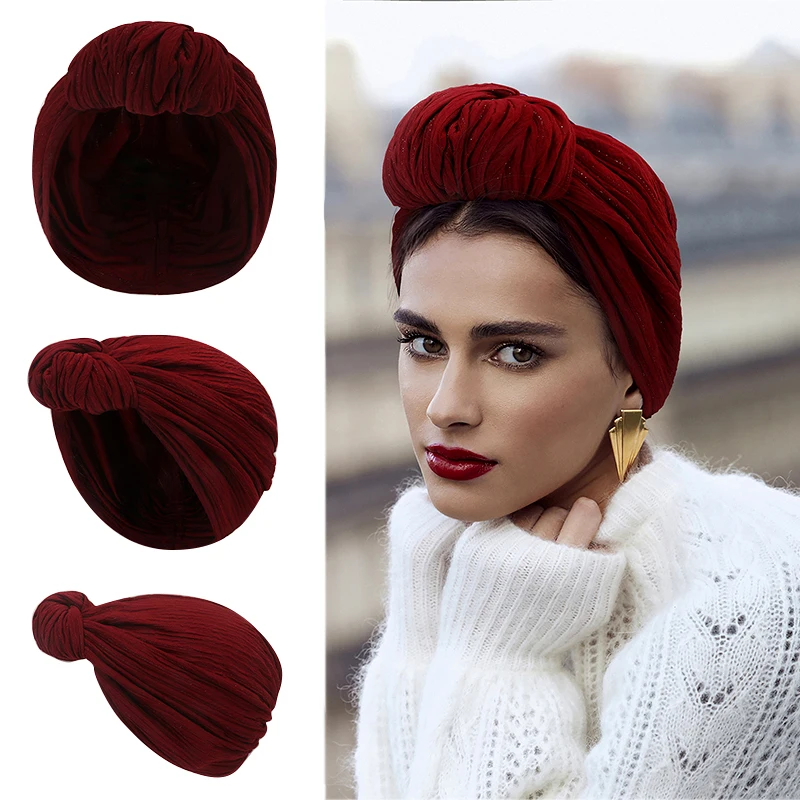 

Soft Elastic Muslim Headscarf Cap Vintage Elegant Ladies Turban Casual Solid Color Beanie Hat Indian Sleep Cap Headgear