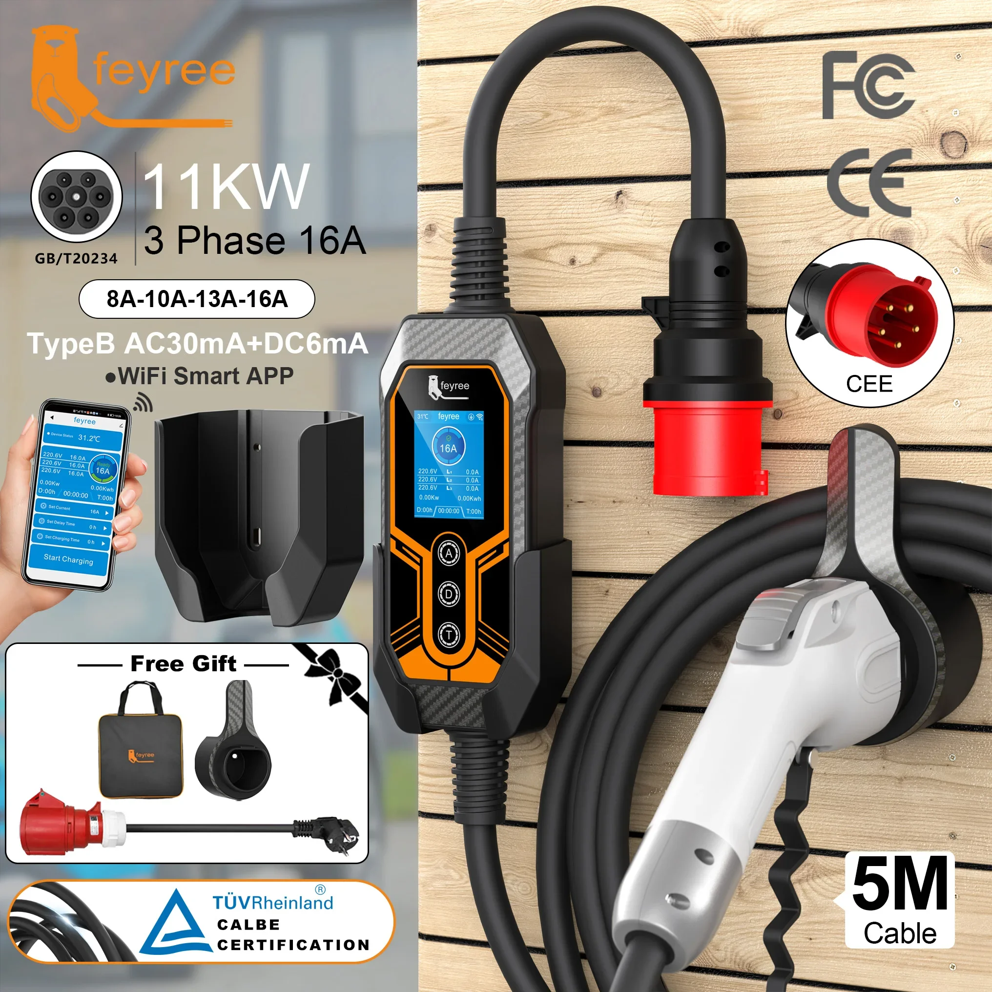 

Feyree GB/T Портативное зарядное устройство для электромобилей 16A 11kW 3P Wifi APP Control Новая версия Держатель зарядного устройства EVSE и адаптер для электромобиля